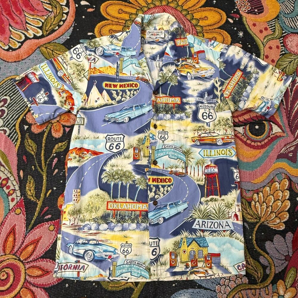 Vintage 90s Route 66 Cars Hawaiian Camp Shirt Novelty Vacation Retro Grandpa S